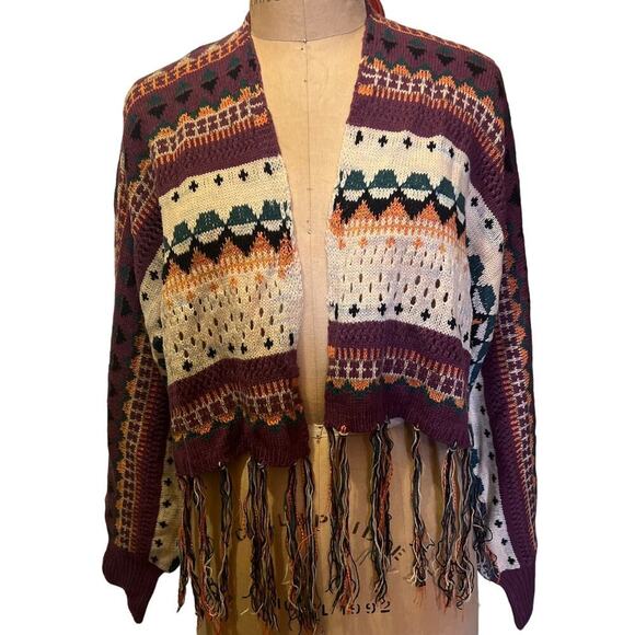 Knit Mix Sweaters - Boho Open Front Multicolor Fringe Hem Sweater Cardigan NWT Size M